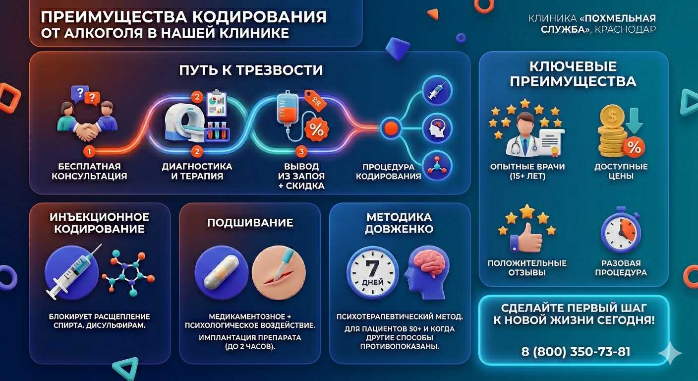 Инфографика о методах кодирования от алкоголя в Заринске: инъекции, подшивание, метод Довженко. Преимущества клиники и этапы лечения.