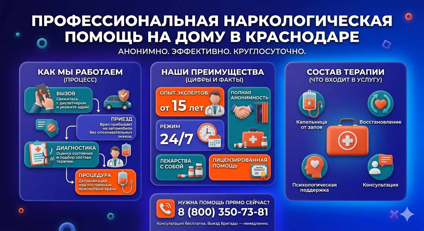 Инфографика о принципах лечения алкоголизма на дому в Заринске: этапы вызова нарколога, преимущества анонимной детоксикации и состав медицинской помощи.